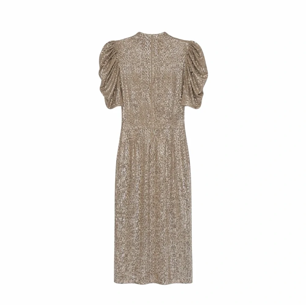 H&M Gold Sequin Midi Dress XS Stretch Puff Sleeve Party Cocktail Glam - Picture 3 of 12